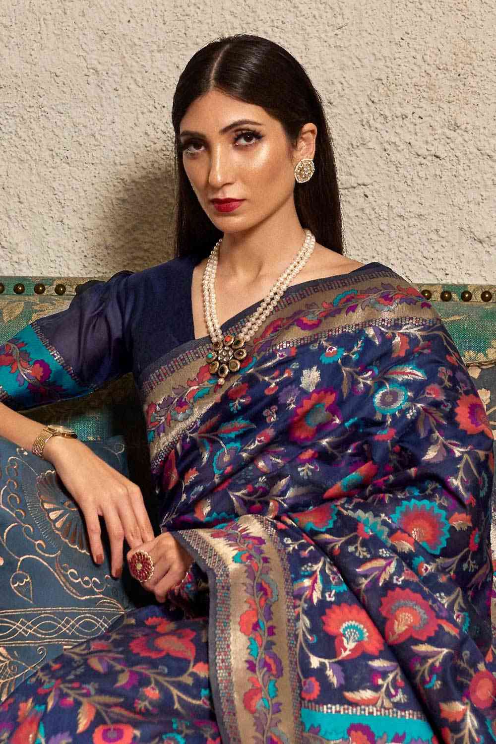 Alina Navy Blue Modal Floral Woven Design Banarasi One Minute Saree