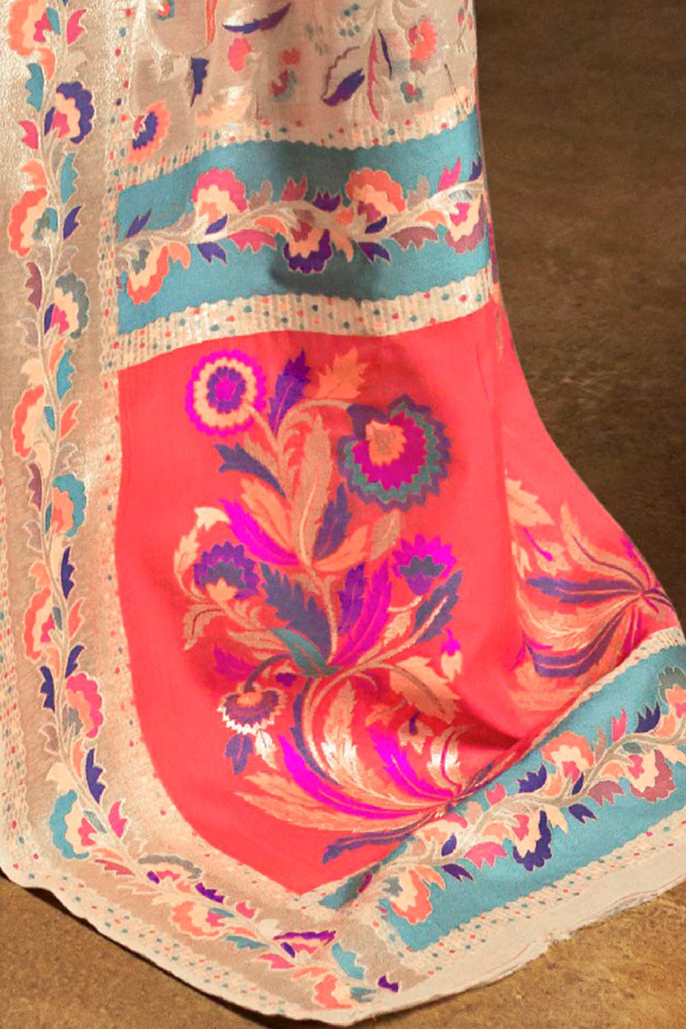 Katya Cream Modal Floral Woven Design Banarasi One Minute Saree