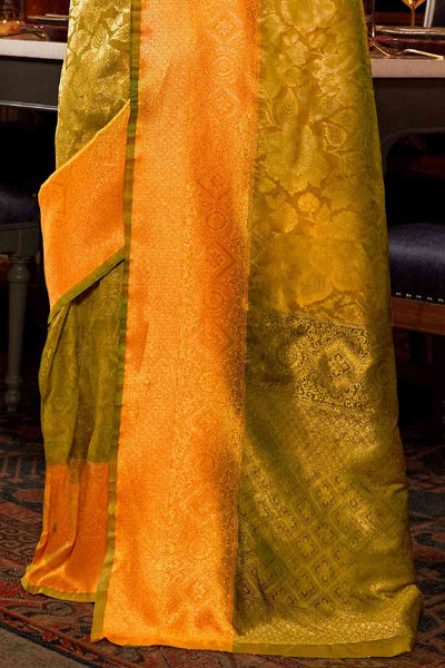 Kajol Mustard Kanjivaram Silk Floral Woven Design One Minute Saree