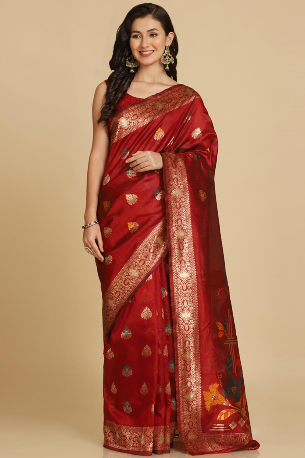 Buy Maroon Resham Woven Art Silk One Minute Saree Online