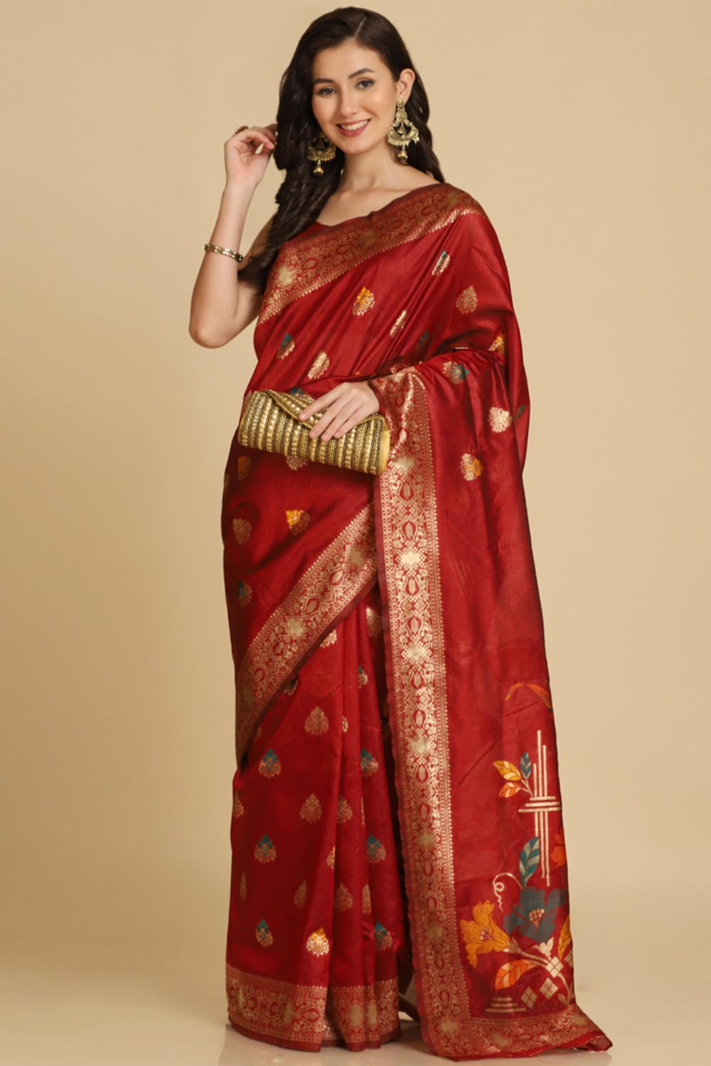 Buy Maroon Resham Woven Art Silk One Minute Saree Online