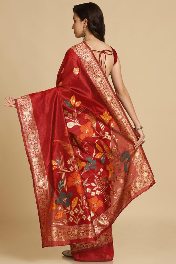 Buy Maroon Resham Woven Art Silk One Minute Saree Online - Front