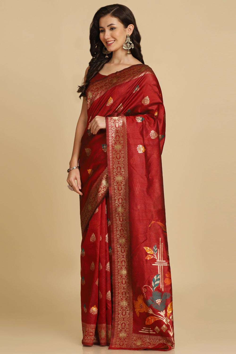 Buy Maroon Resham Woven Art Silk One Minute Saree Online - Zoom Out