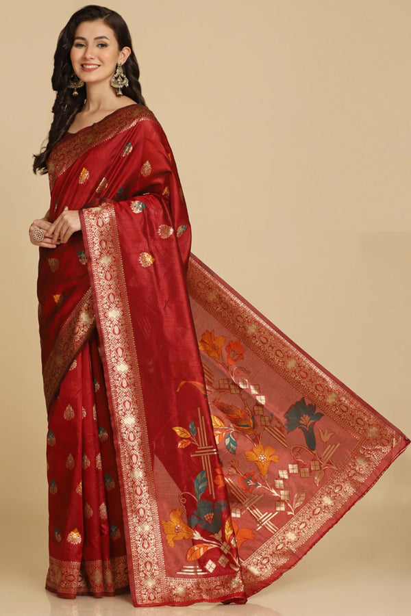 Buy Maroon Resham Woven Art Silk One Minute Saree Online - Front