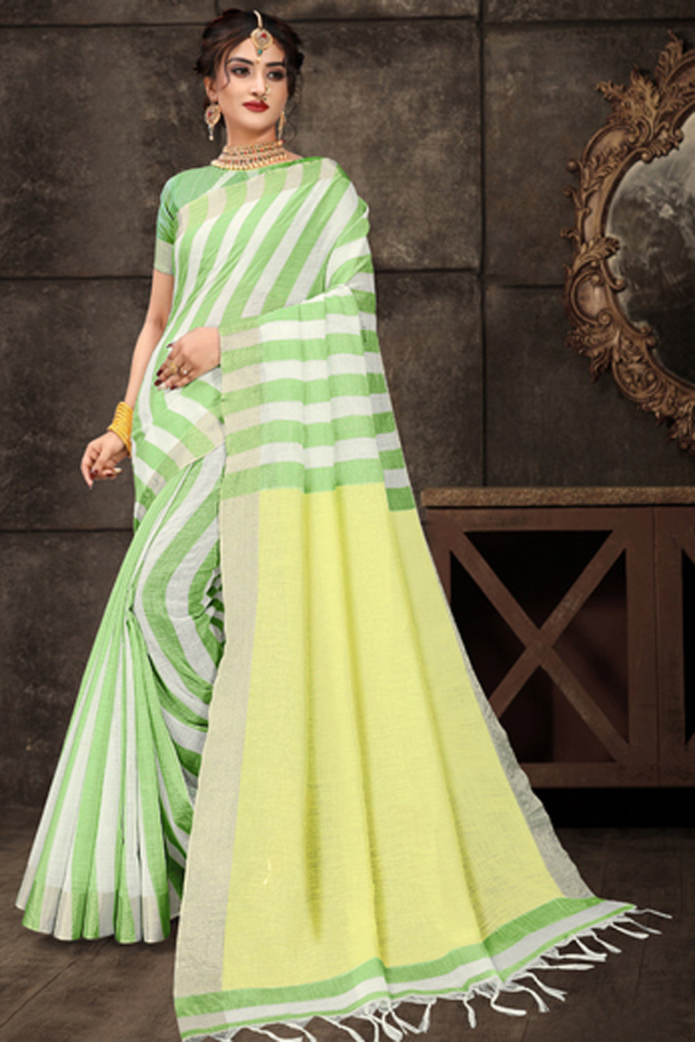 Buy Light Green Cotton Art Silk Printed One Minute Saree Online