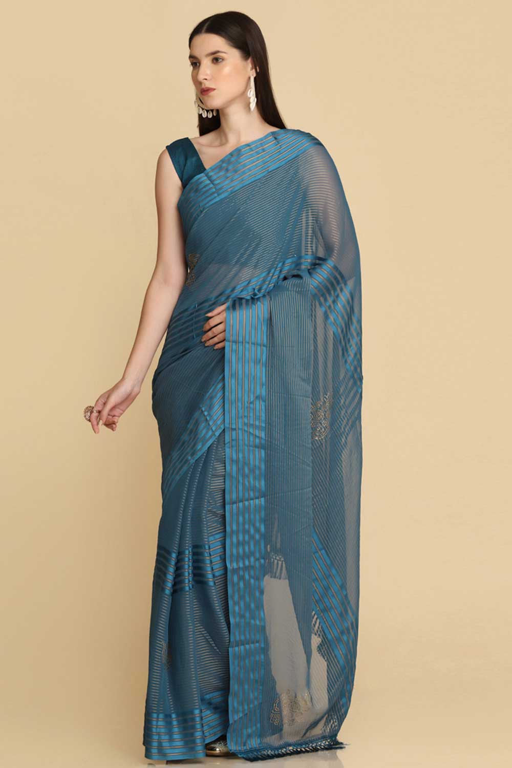 Buy Teal Chiffon Swarovski One Minute Saree Online - Zoom Out