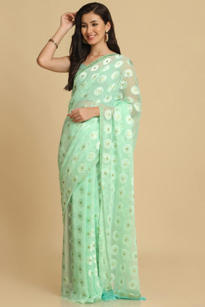 Buy Turquoise Thread Work Chiffon One Minute Saree Online