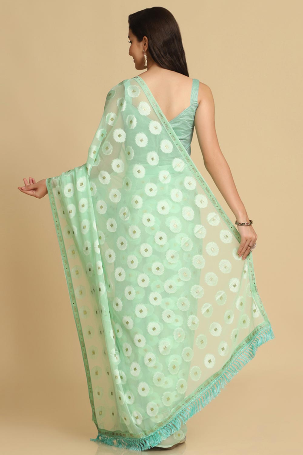 Buy Turquoise Thread Work Chiffon One Minute Saree Online - Zoom In