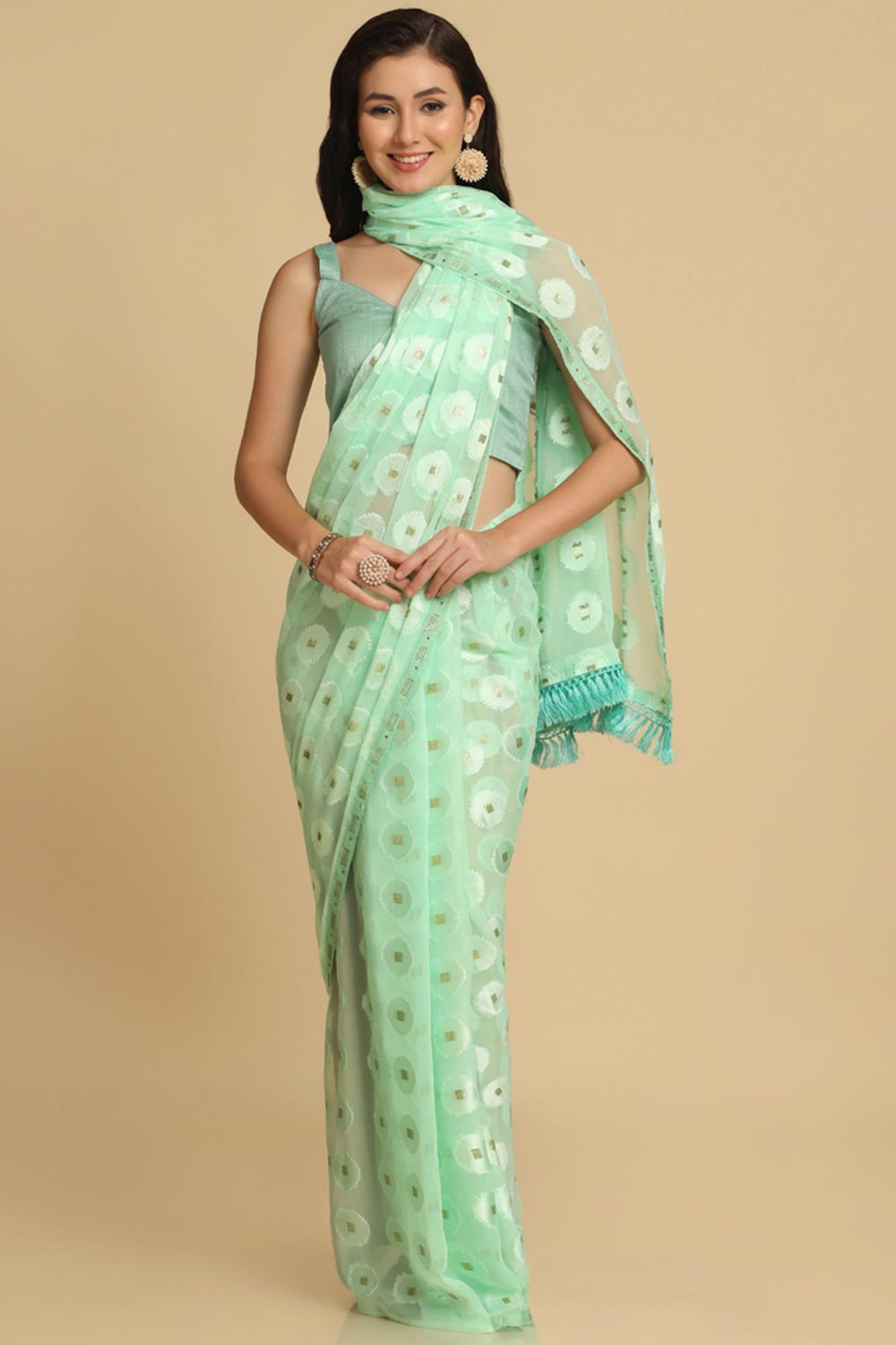 Buy Turquoise Thread Work Chiffon One Minute Saree Online - Front