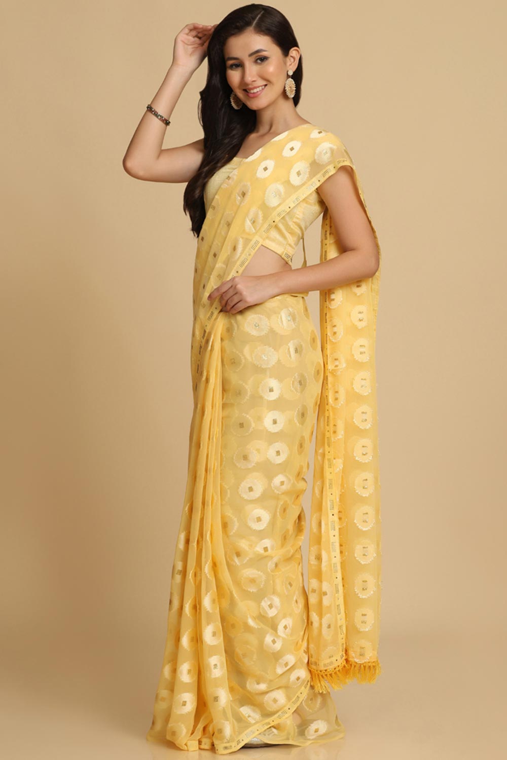 Buy Light Yellow Thread Work Chiffon One Minute Saree Online - Zoom Out