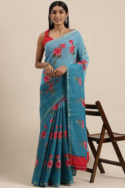 Teal Blue Linen Blend Banarasi Floral Printed One Minute Saree