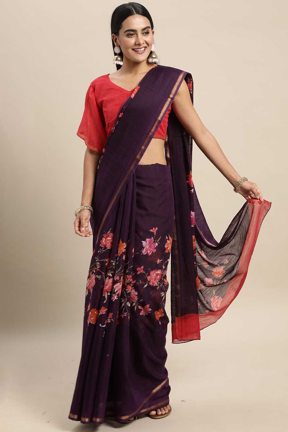 Lola Purple Linen Blend Floral Printed One Minute Saree