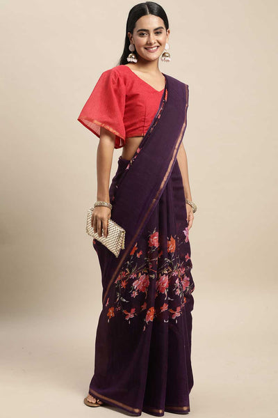 Lola Purple Linen Blend Floral Printed One Minute Saree