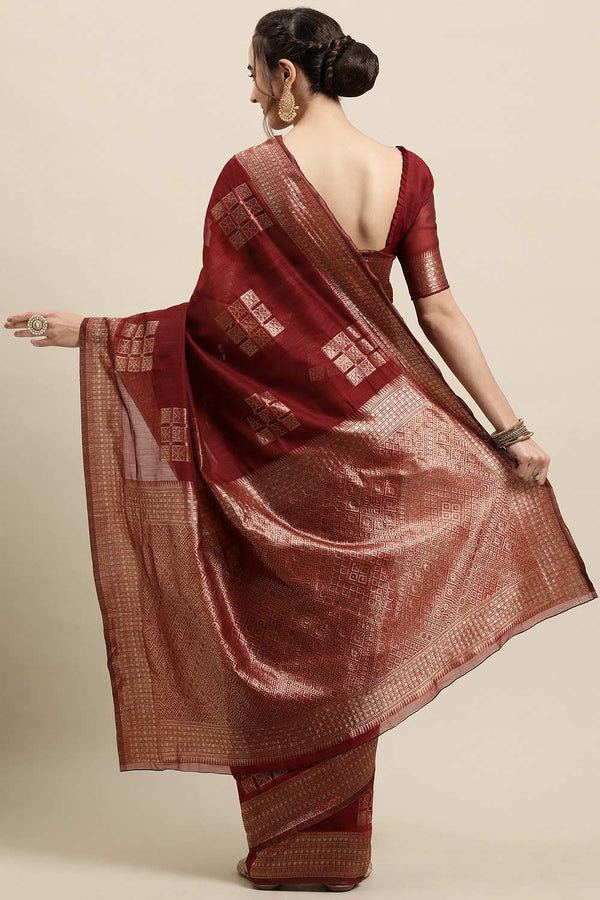 Buy Rust Woven Linen One Minute Saree Online - Back
