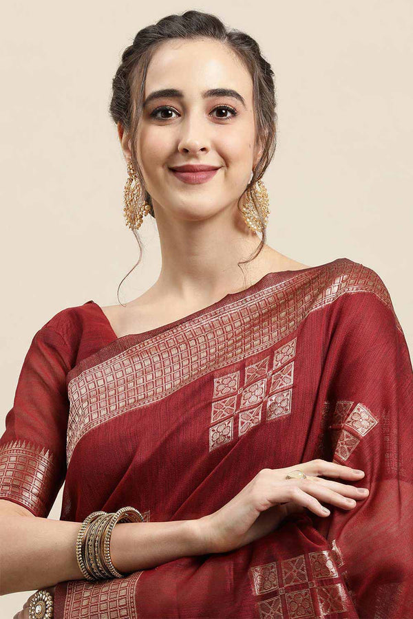 Buy Rust Woven Linen One Minute Saree Online - Front