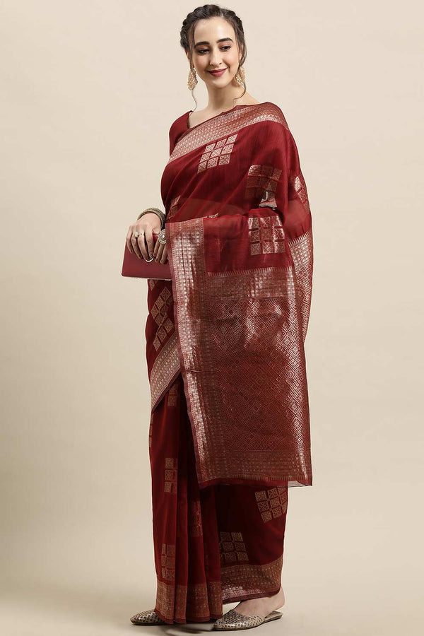 Buy Rust Woven Linen One Minute Saree Online - Zoom In