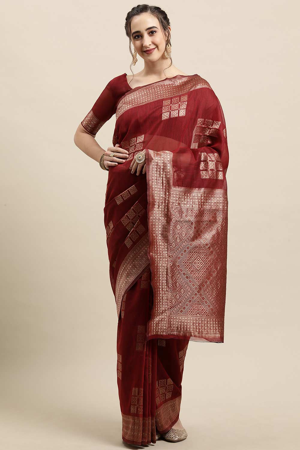 Buy Rust Woven Linen One Minute Saree Online