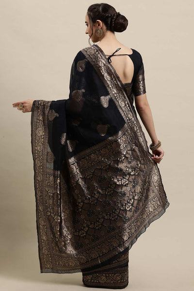 Buy Navy Blue Woven Linen One Minute Saree Online - Back