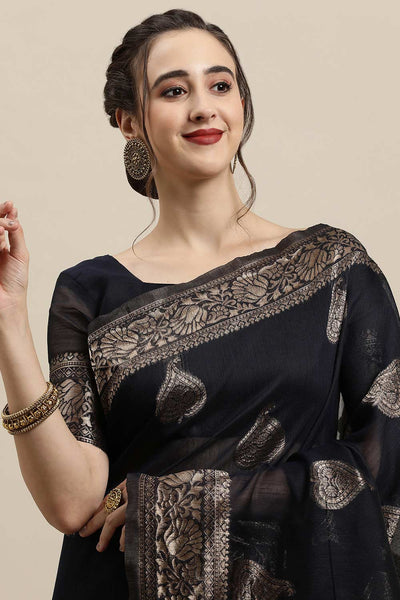 Buy Navy Blue Woven Linen One Minute Saree Online - Front