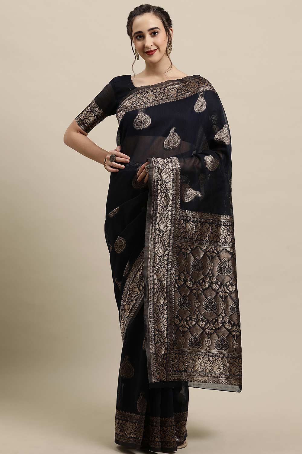 Buy Navy Blue Woven Linen One Minute Saree Online