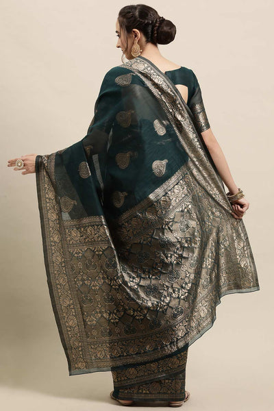 Buy Green Woven Linen One Minute Saree Online - Back