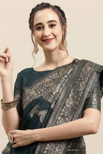 Buy Green Woven Linen One Minute Saree Online - Front