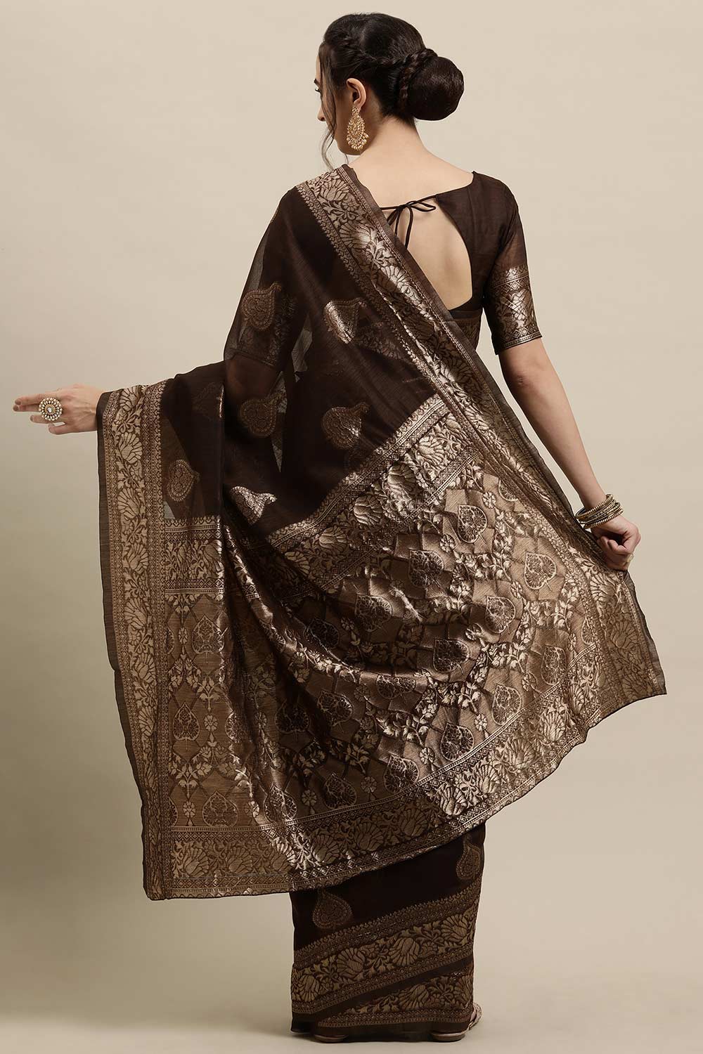 Buy Brown Woven Linen One Minute Saree Online - Back