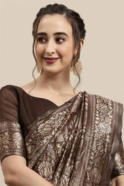 Buy Brown Woven Linen One Minute Saree Online - Front