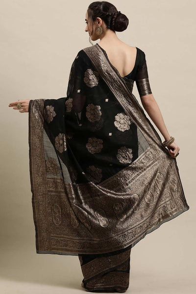 Buy Black Zari Woven Linen One Minute Saree Online - Back