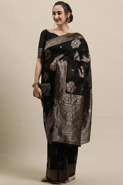 Buy Black Zari Woven Linen One Minute Saree Online - Zoom In