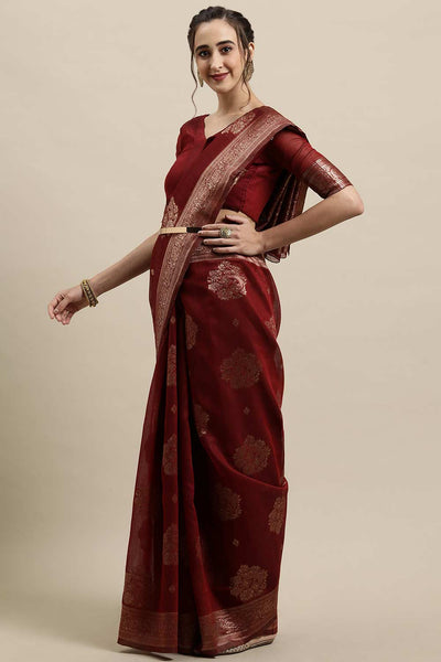 Buy Maroon Zari Woven Linen One Minute Saree Online - Zoom In