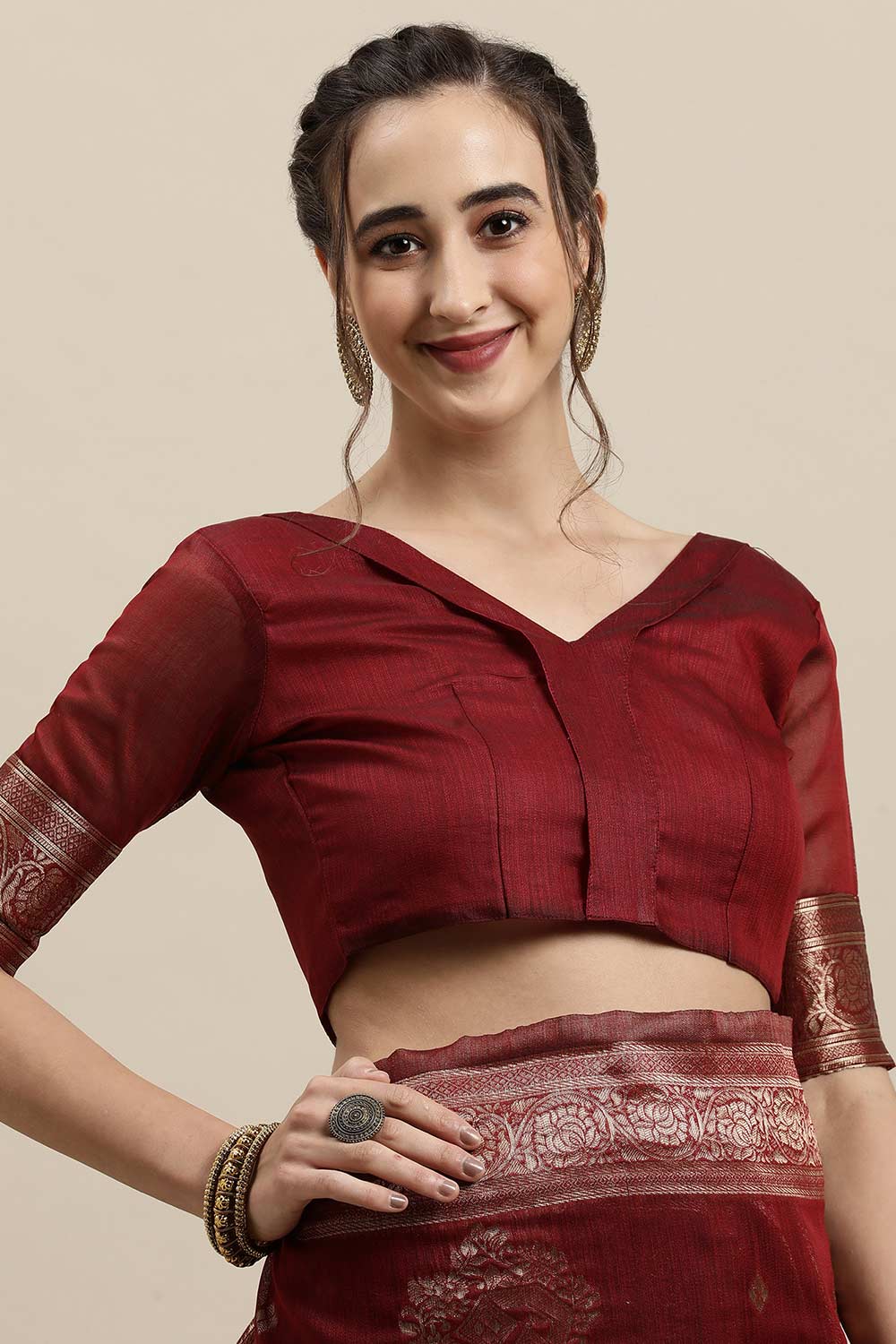 Buy Maroon Zari Woven Linen One Minute Saree Online - Zoom Out