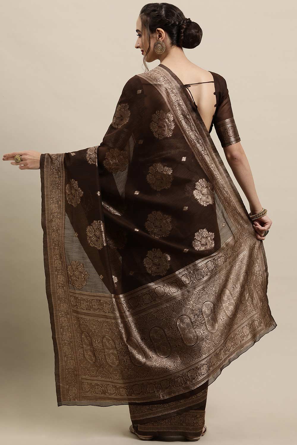 Buy Brown Zari Woven Linen One Minute Saree Online - Back