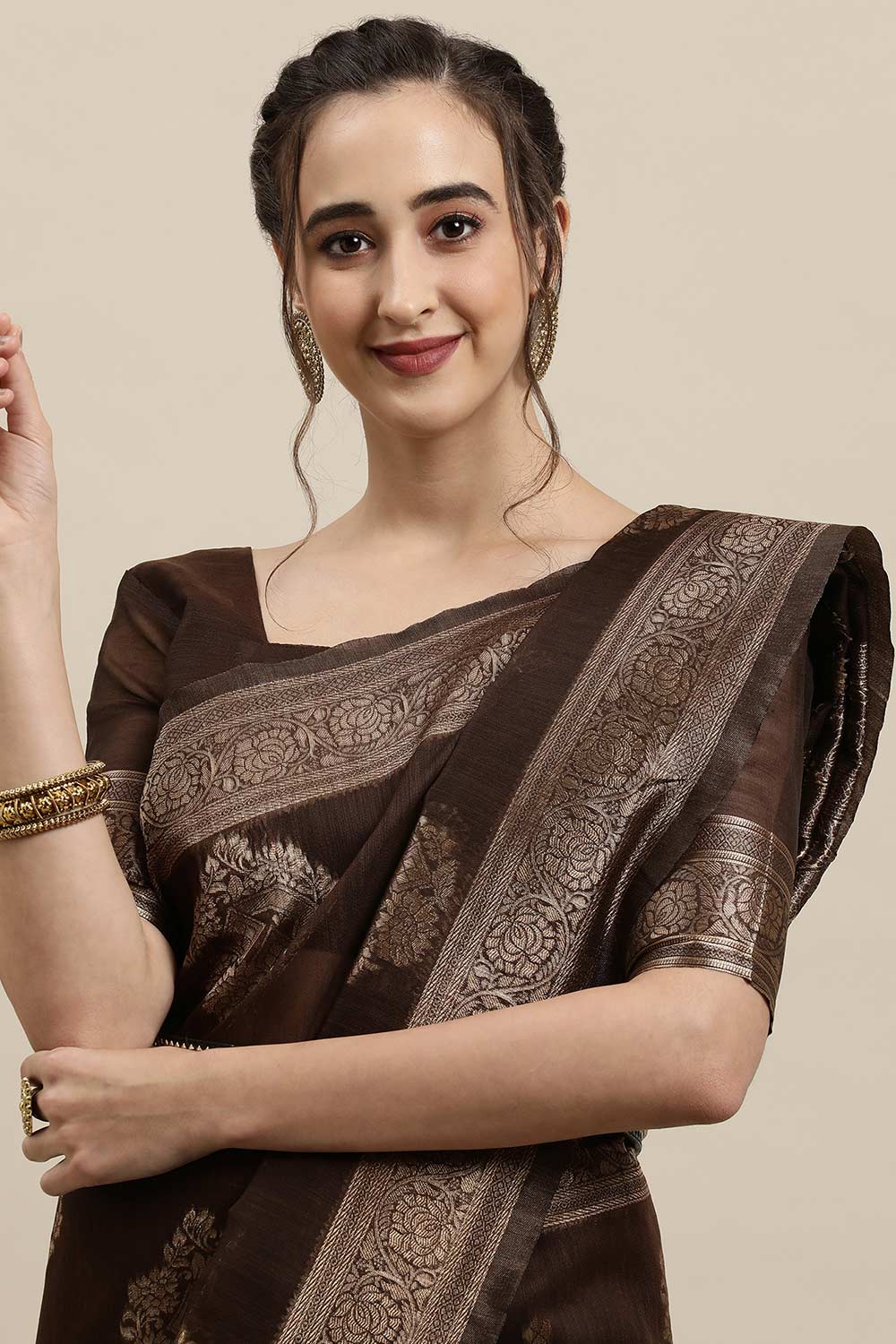 Buy Brown Zari Woven Linen One Minute Saree Online - Front
