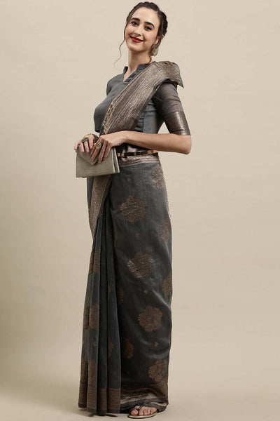 Buy Grey Zari Woven Linen One Minute Saree Online - Zoom In
