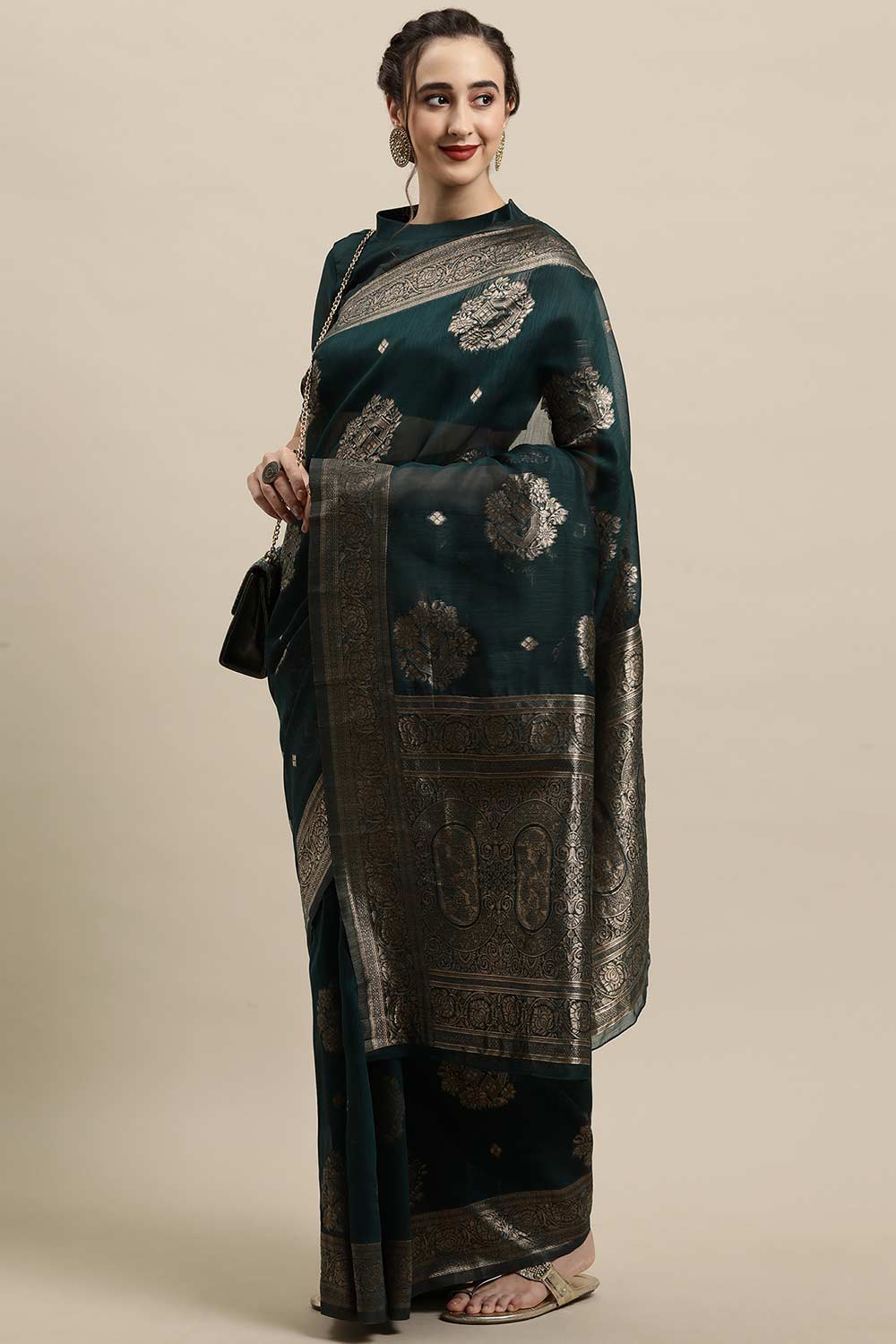 Buy Teal blue Zari Woven Linen One Minute Saree Online - Zoom In