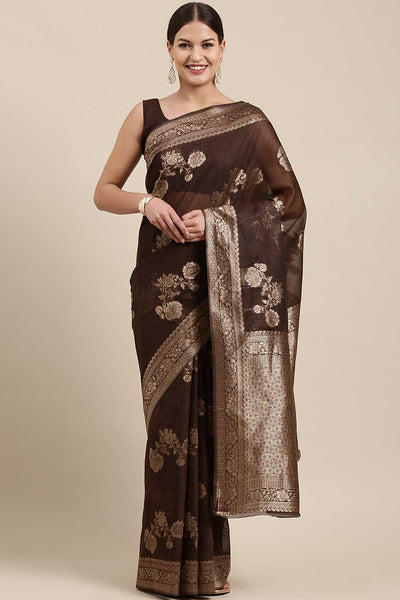 Noemie Brown Floral Blended Linen One Minute Saree