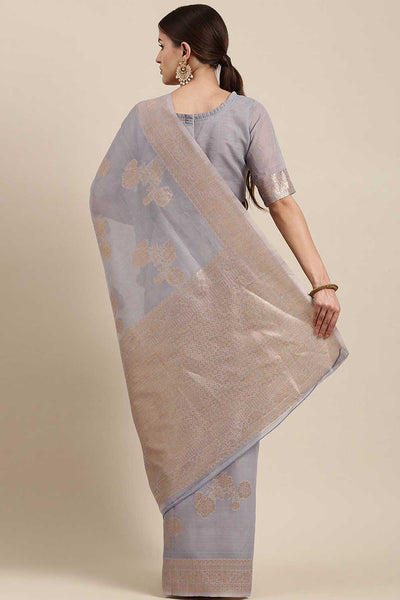 Zoya Grey Floral Woven Blended Linen One Minute Saree
