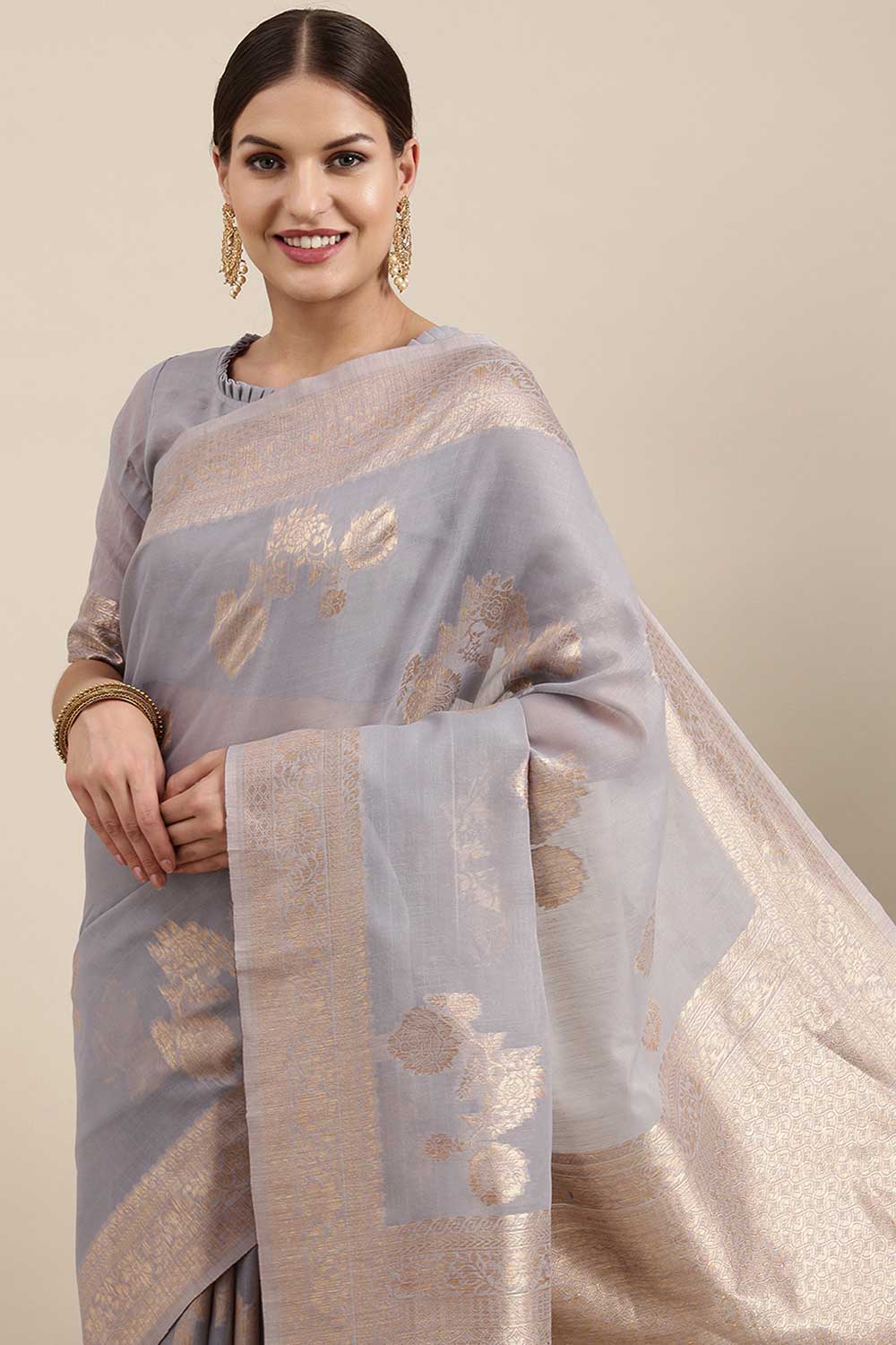 Zoya Grey Floral Woven Blended Linen One Minute Saree