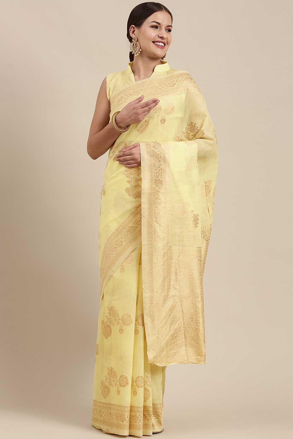 Lori Lemon Yellow Floral Woven Blended Linen One Minute Saree