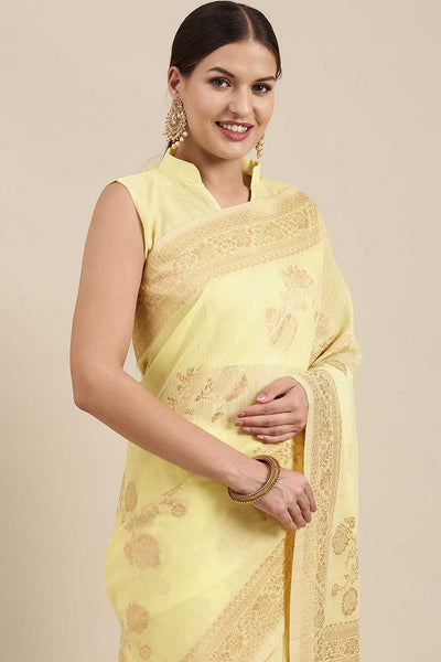 Lori Lemon Yellow Floral Woven Blended Linen One Minute Saree