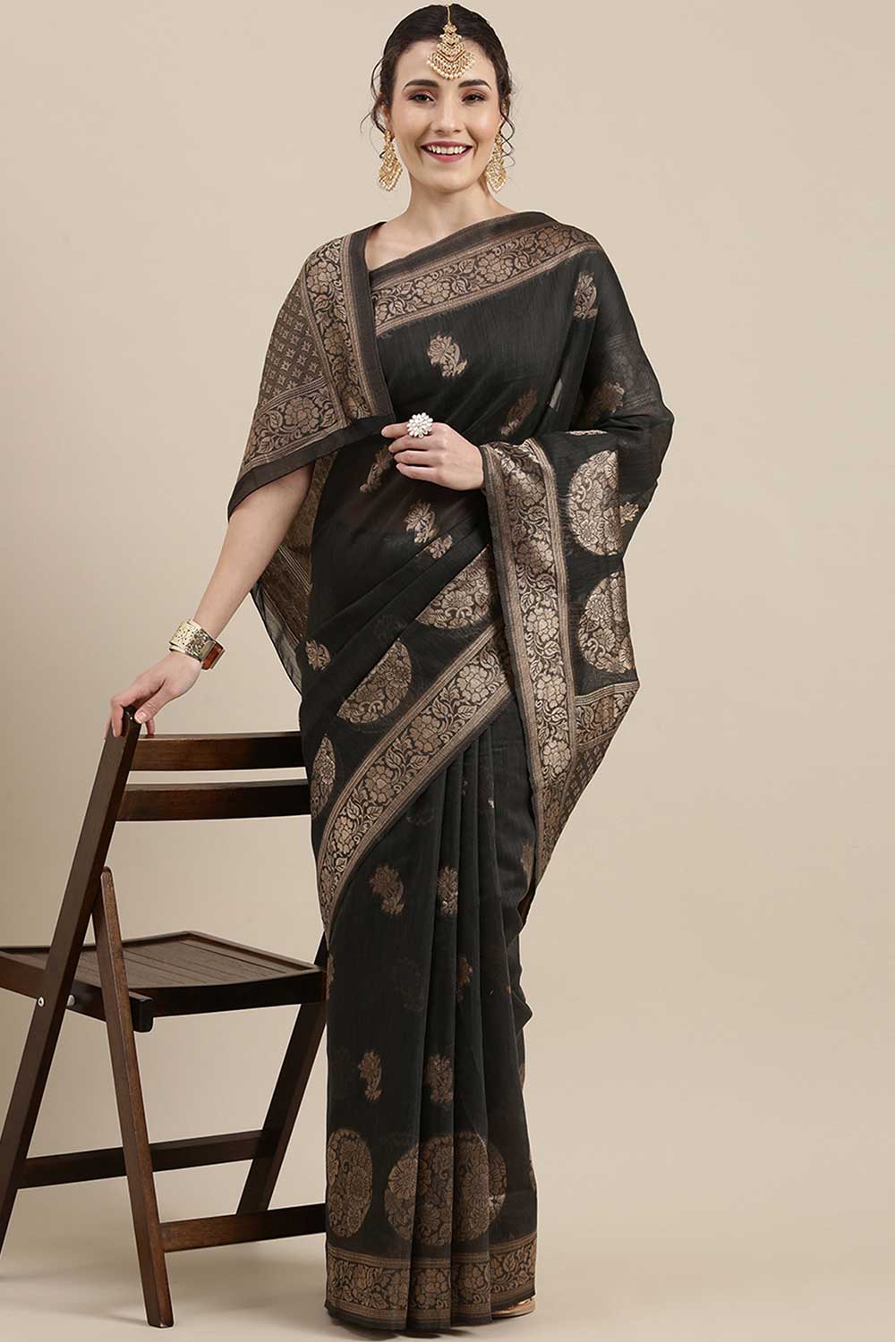 Milan Grey Floral Woven Linen One Minute Saree