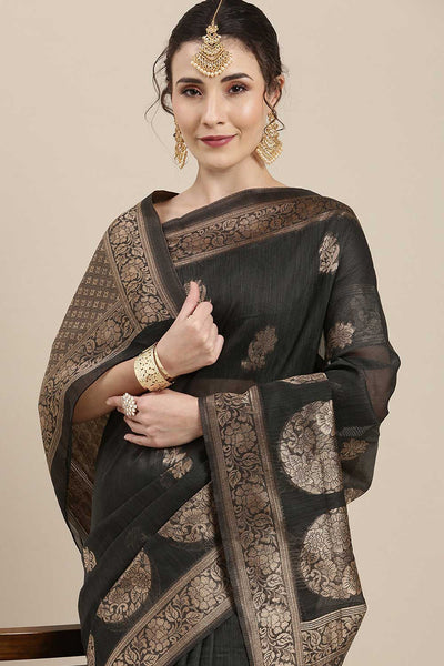 Milan Grey Floral Woven Linen One Minute Saree