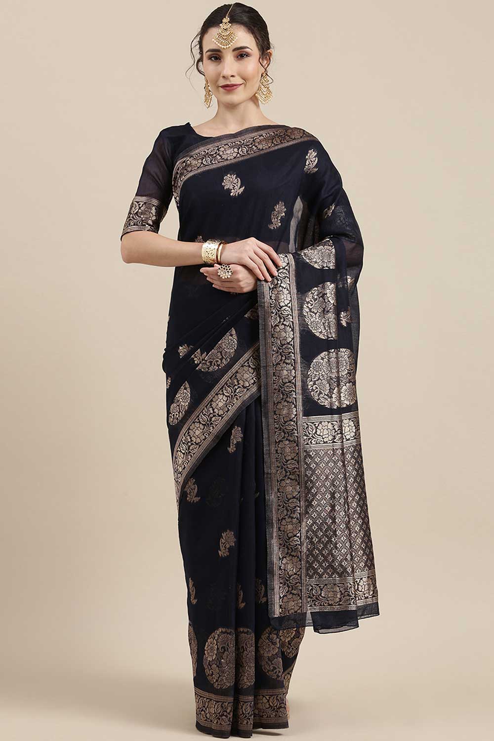Sony Navy Blue Floral Woven Linen One Minute Saree