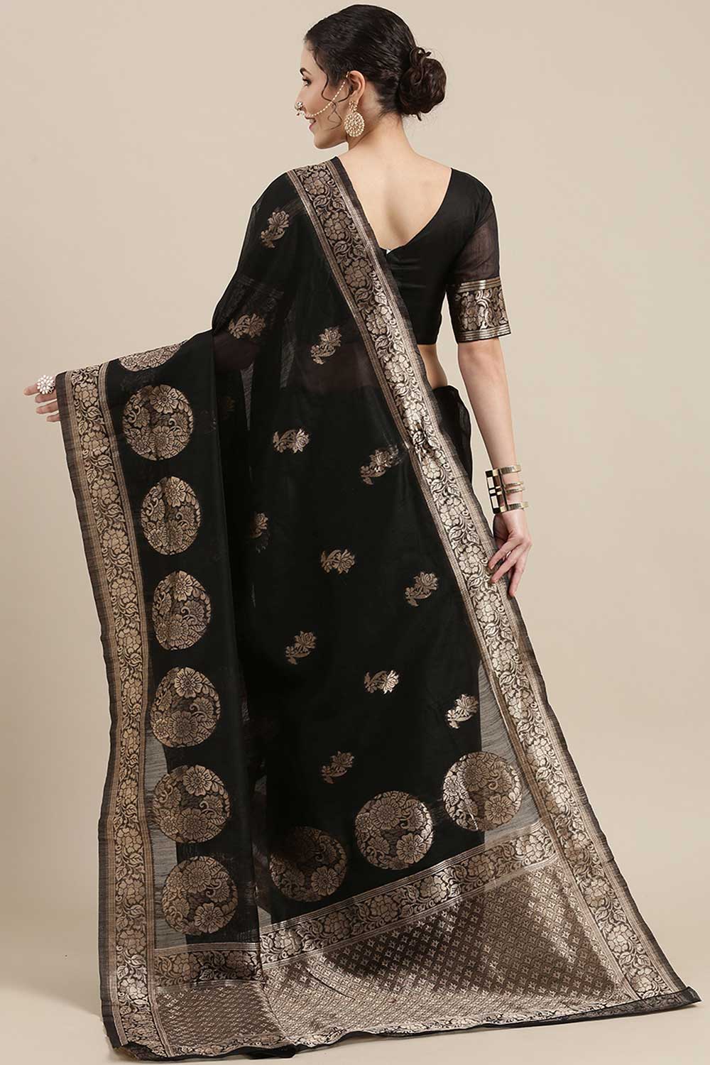 Lavnya Black Floral Woven Linen One Minute Saree