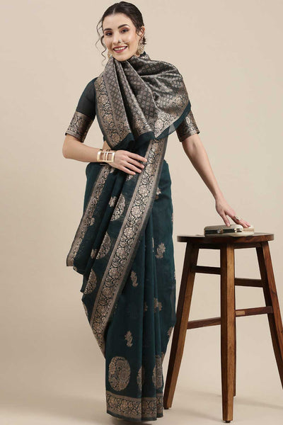 Marisa Green Floral Woven Linen One Minute Saree