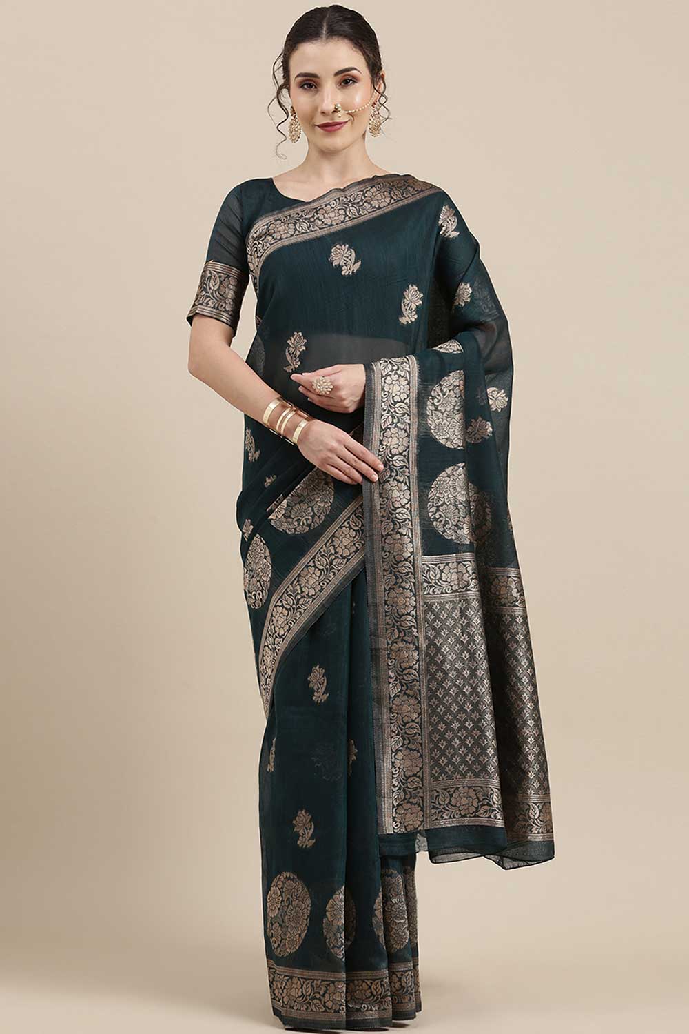Marisa Teal green Floral Woven Linen One Minute Saree