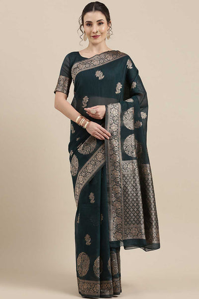 Marisa Green Floral Woven Linen One Minute Saree