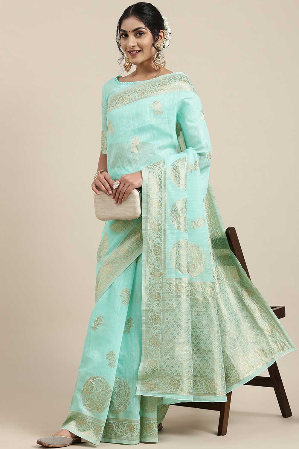 Marie Sea Green Floral Woven Linen One Minute Saree