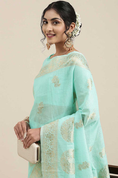 Marie Sea Green Floral Woven Linen One Minute Saree
